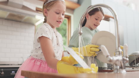 water, cleaning and children learning with dishes