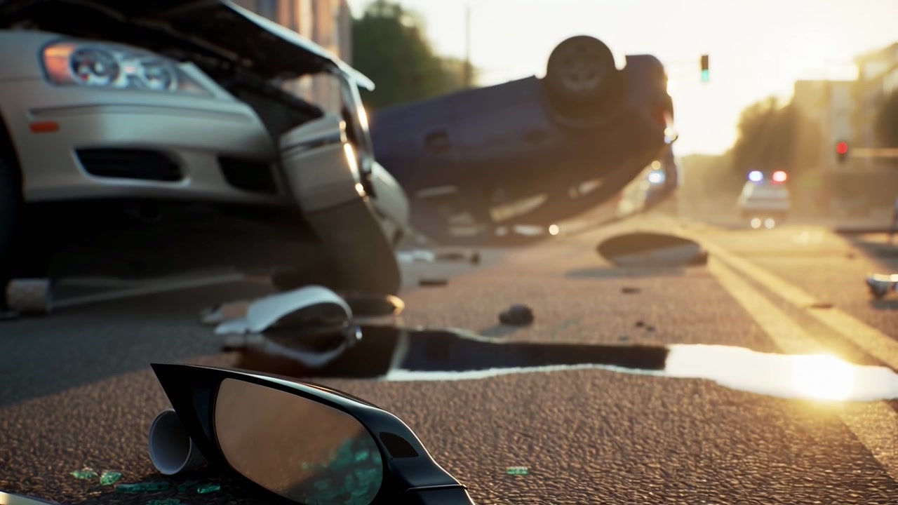 Aftermath of a Car Accident on a City Street at Sunset