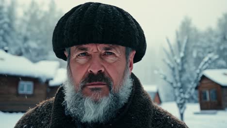 retrato de un hombre barbudo en un paisaje de invierno