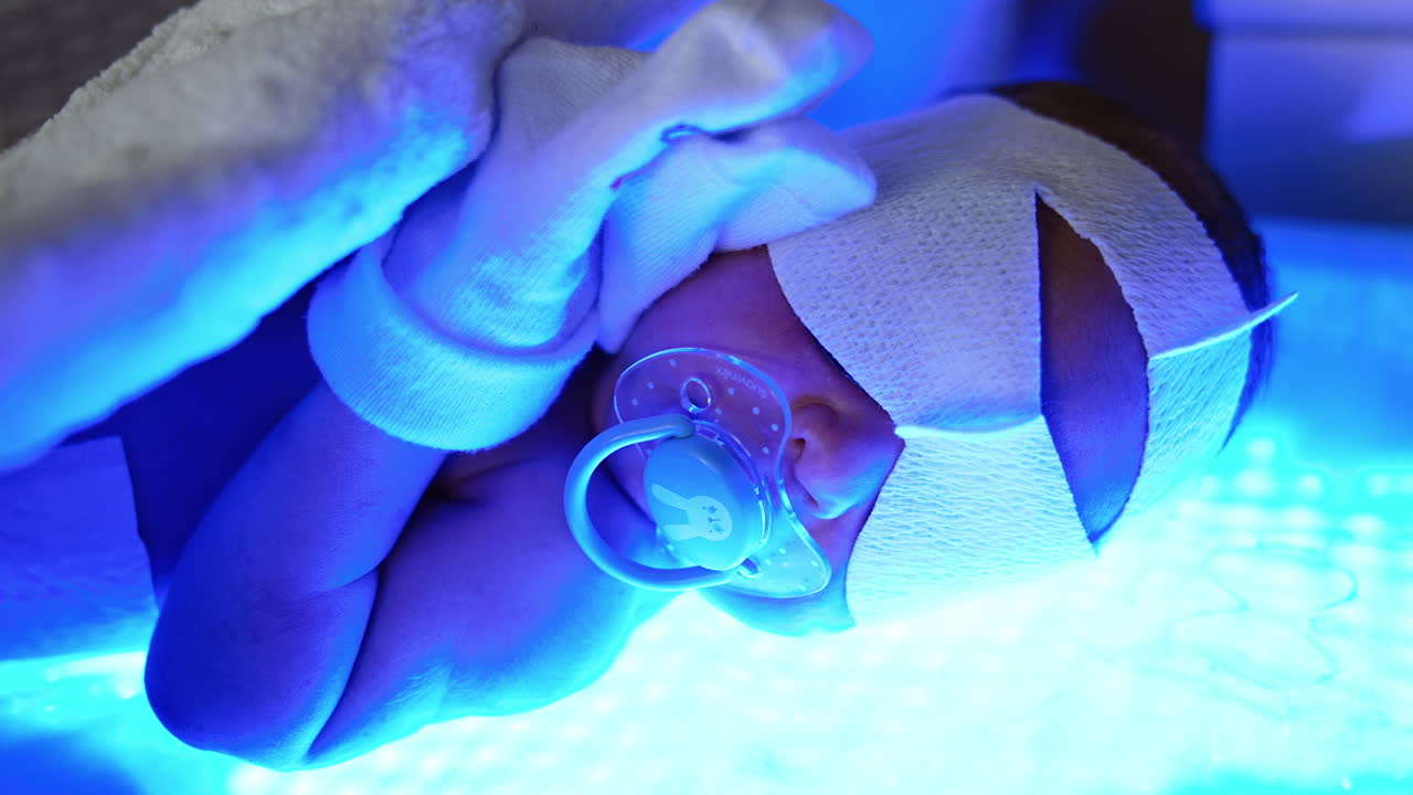 UV light phototherapy for a newborn child. Treatment of childhood jaundice in maternity hospital. Close up.