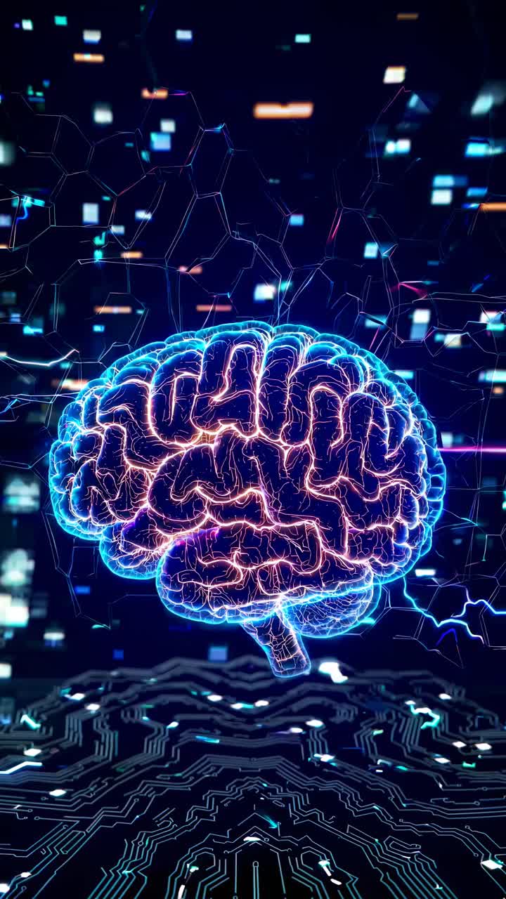 Futuristic video concept of a glowing digital brain with circuit patterns, captured from a low