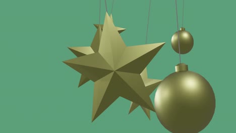 Animation-of-christmas-baubles-on-green-background-with-copy-space