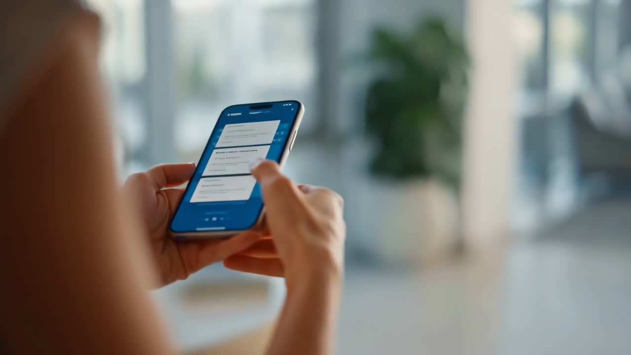 Person holding and using a smartphone with a blue app interface