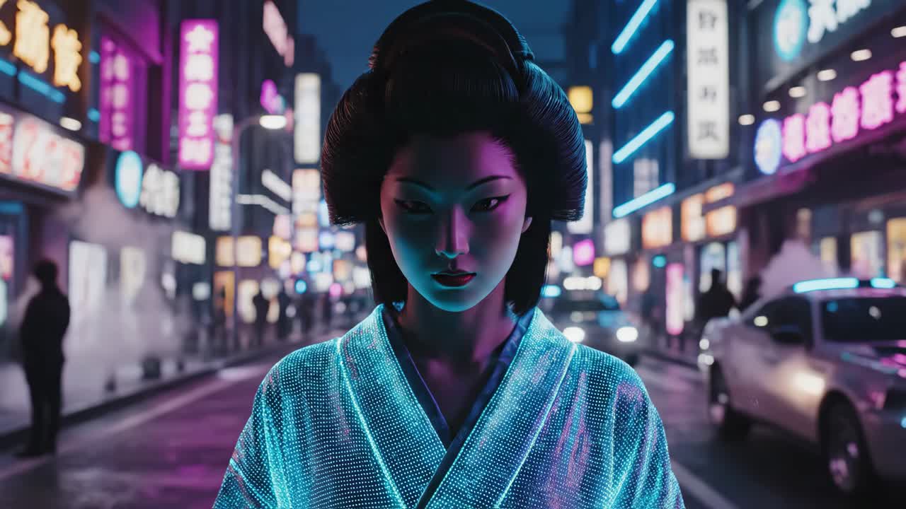 Cyberpunk-geisha futuristisessa kaupungissa