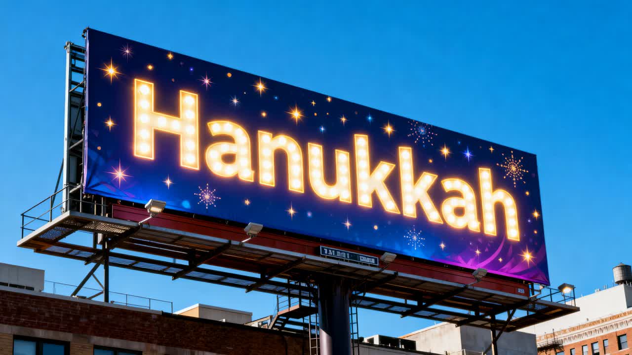 Displaying Hanukkah letters, LED billboard looping sparkles above roof to draw attention