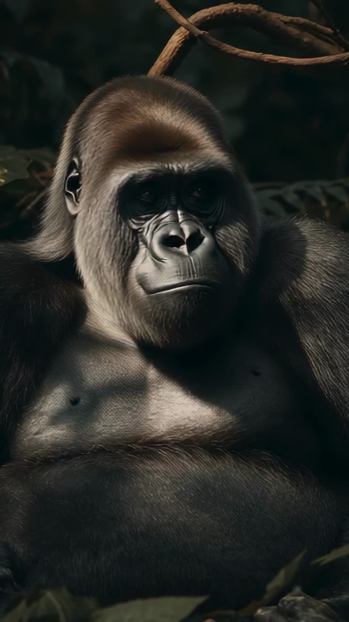 Video verticale: rendering in 3D di gorilla adulto che muove la testa e gli occhi mentre i fotogrammi passano nella giungla con una liana