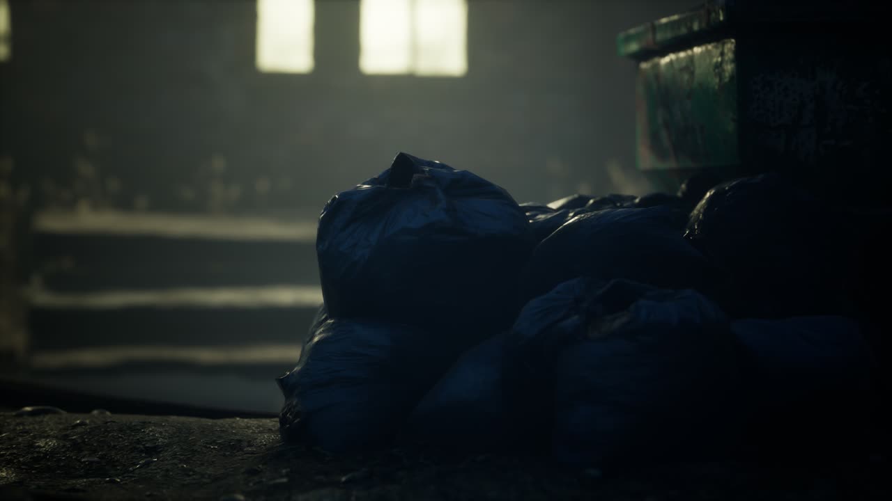 Garbage bags at city street an night