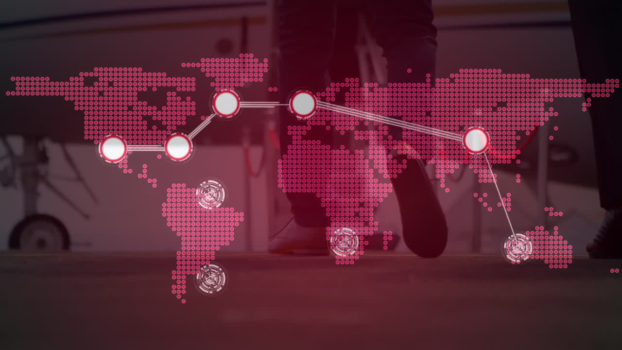animación de la red de conexiones sobre el mapa del mundo, avión y hombres de negocios