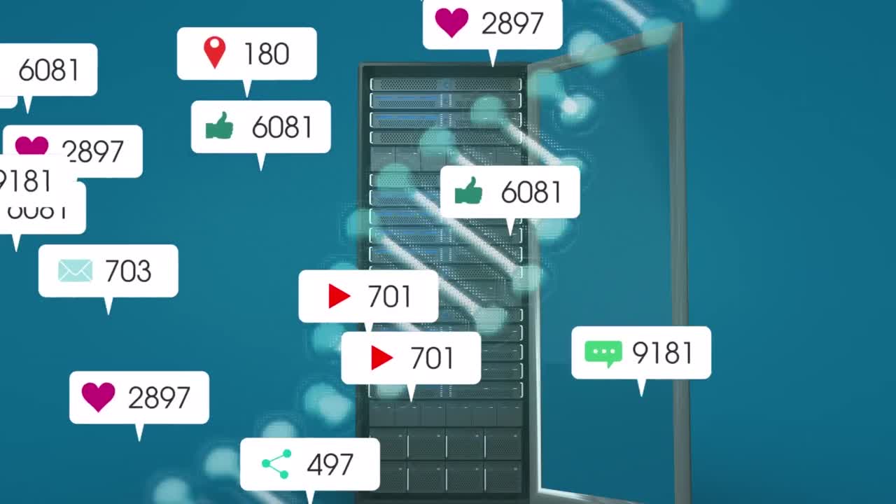 소셜 미디어 아이콘과 서버에서 회전하는 dna 스트랜드의 애니메이션