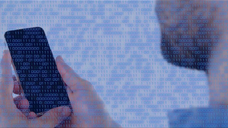 Animation of data processing over caucasian businessman using smartphone