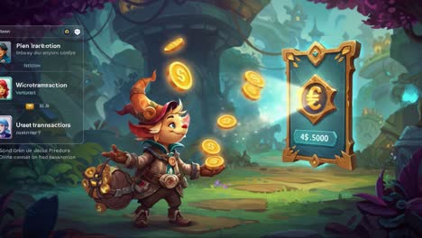 A cheerful, whimsical character with a playful expression interacts with floating coins and a glowing currency display in a vibrant, fantasy-inspired environment