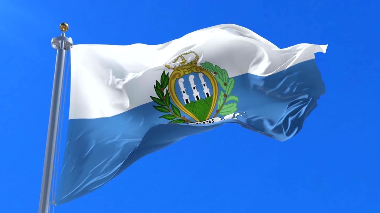 bandera de san marino agitando en el viento en lento con cielo azul, bucle
