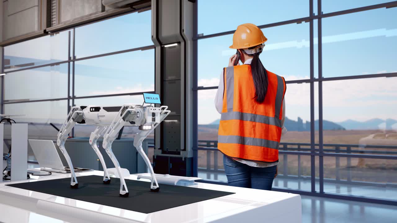 полный задний вид азиатской инженеры с защитным шлемом, разговаривающей на смартфоне, стоя на высокотехнологичном заводе, анализирующей концепцию робототехники