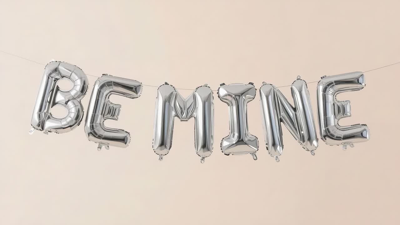 Palloncini argentati che ondeggiano, a forma di lettere che compongono la scritta BE MINE, mossi da una leggera brezza su un filo sottile, parete beige