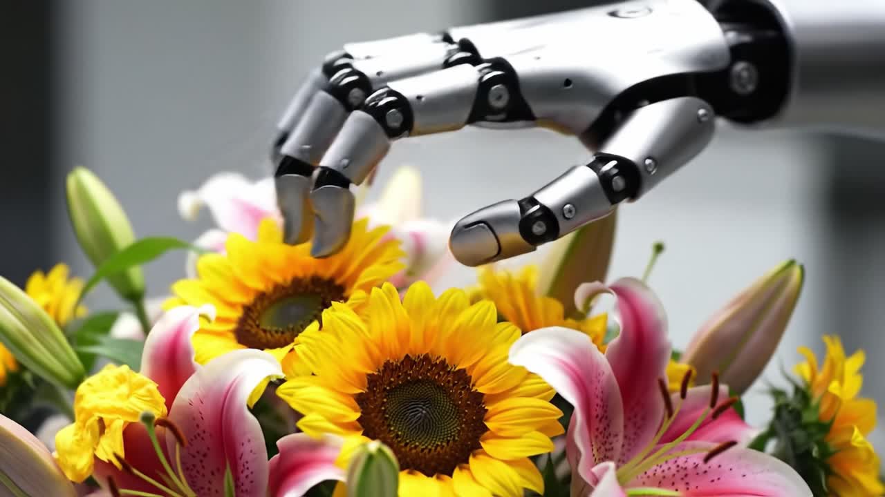 A robotic hand gently touches colorful flowers in a contemporary garden. The blend of metal and nature creates a striking contrast, symbolizing innovation and beauty in the environment.