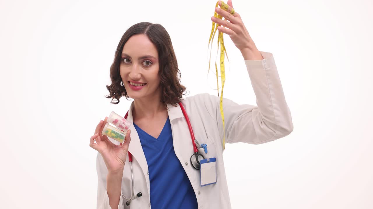 A doctor holding medicine and a tape measure