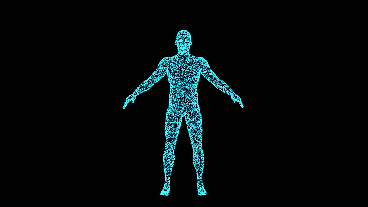 holograma de cuerpo masculino en 3d en una postura animación 3d, zoom de la cámara
