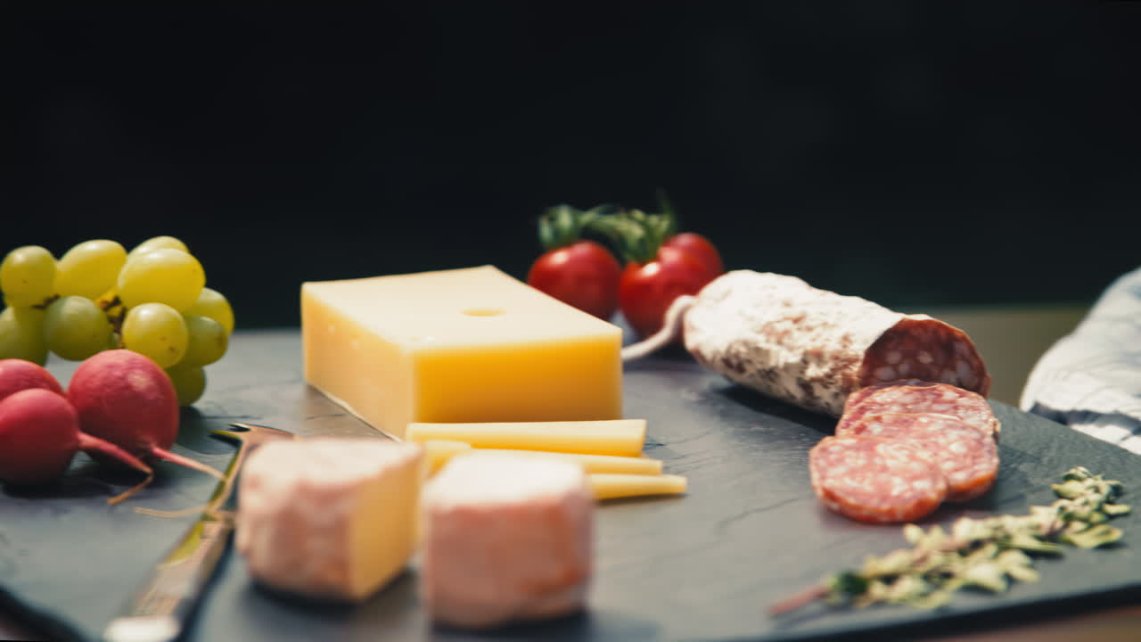 Close packshot of a garden table showcasing a delectable spread of different delicious cheese, salami and bread. For commercials, food vlogs, or summer-themed promotions that celebrate outdoor dining