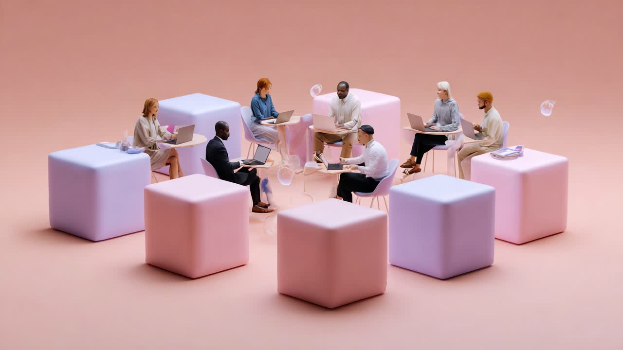 A diverse group of professionals engages in a collaborative brainstorming session at modern workstations, surrounded by colorful, geometric cubes in a minimalistic and vibrant setting
