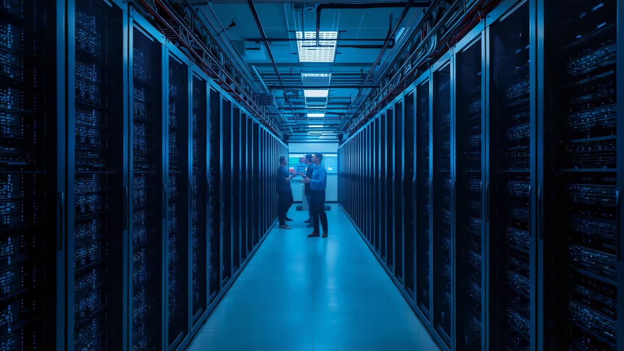 IT-team i datacentre inspicerer serverracks med tablet og bærbar computer, og tester LED'er og kabler