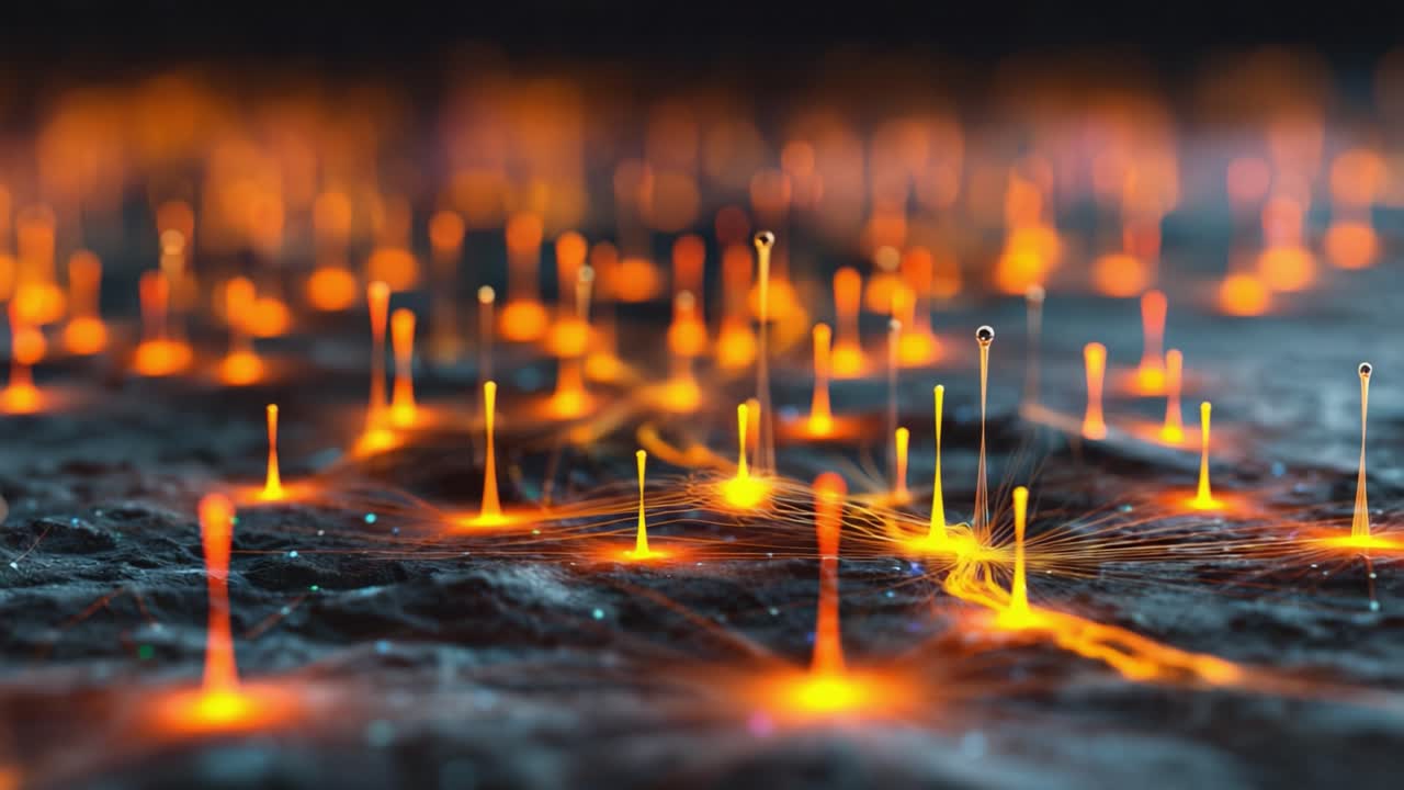 Futuristic abstract background showing a dark animated surface with glowing orange ferrofluid droplets rising and falling in a rhythmic, mesmerizing dance, creating a beautiful and dynamic visual