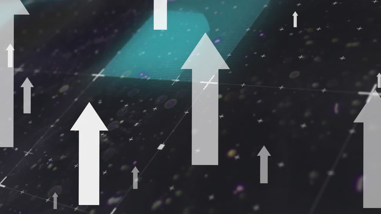 검은색 배경에 마커와 격자 위를 가리키는 색 화살표의 애니메이션