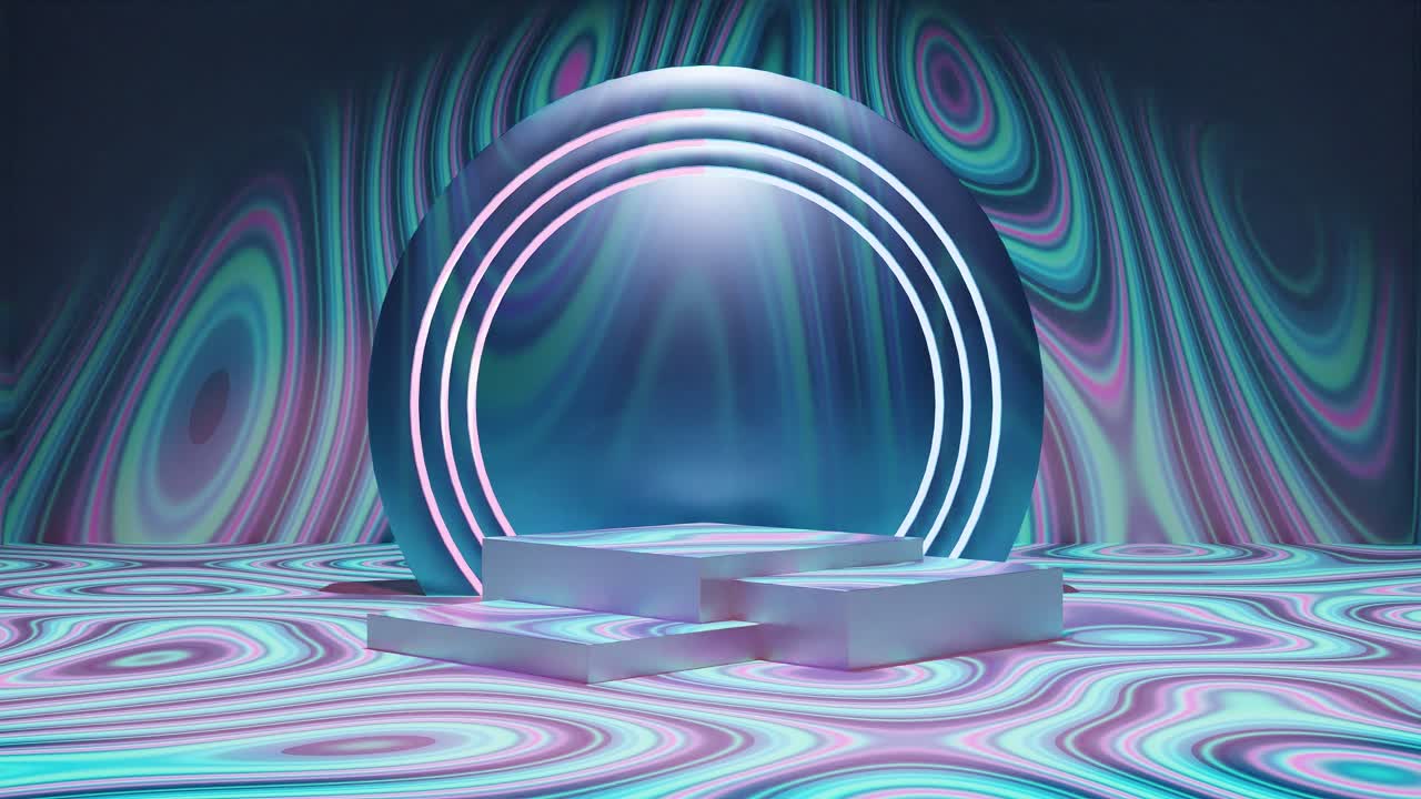 podio cromado para la exhibición de productos con giros de fondo de patrón de color azul hipnótico