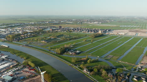 aerial view of polder by the gouwe river in gouda, netherlands