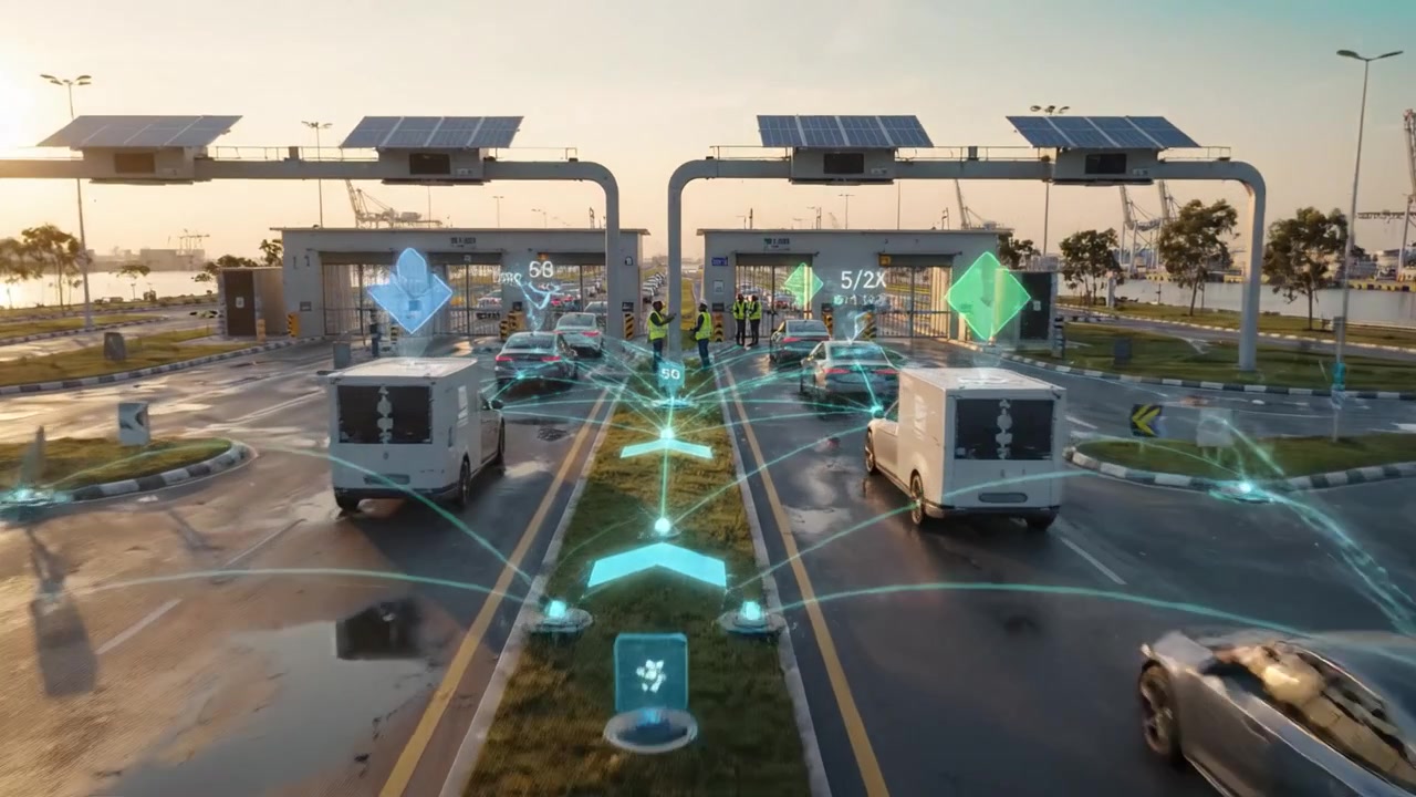 Moderno polo di trasporto con veicoli che passano attraverso caselli intelligenti al tramonto, caratterizzato da comunicazione 5G ad alta tecnologia e infrastrutture per l'energia solare