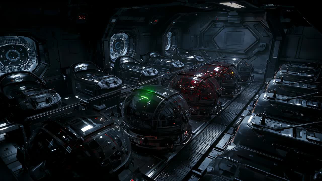 Playback starting camera pushing forward through ship containment bay, highlighting green pod dome