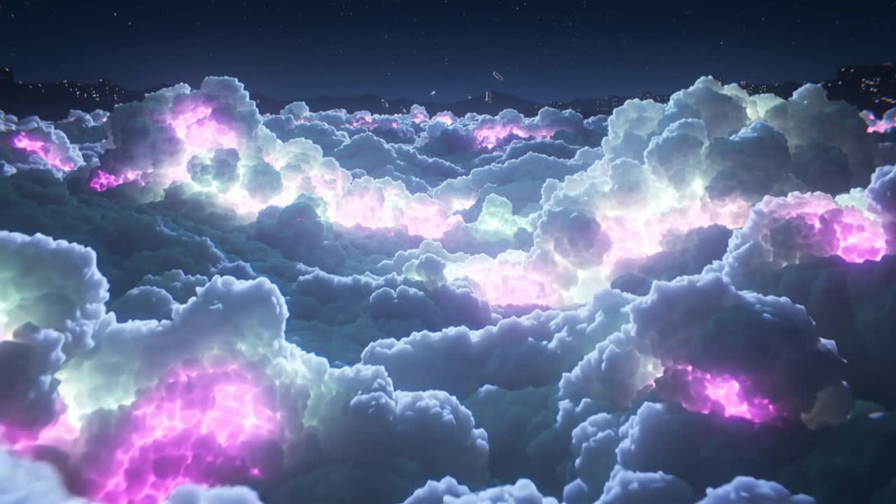 Cámara en paneo que muestra grandes nubes pulsando y migrando bajo un cielo estrellado, con resplandores pastel que atraen la mirada.