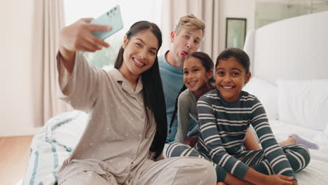 funny, selfie and family in home bedroom
