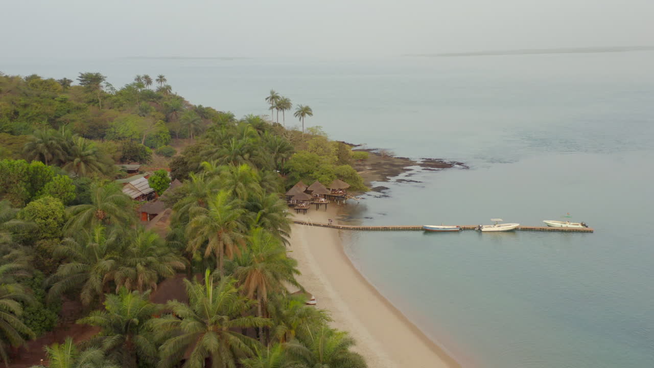 Aerial View of Tropical Beach, Pier, and Palm Trees in Guinea-Bissau