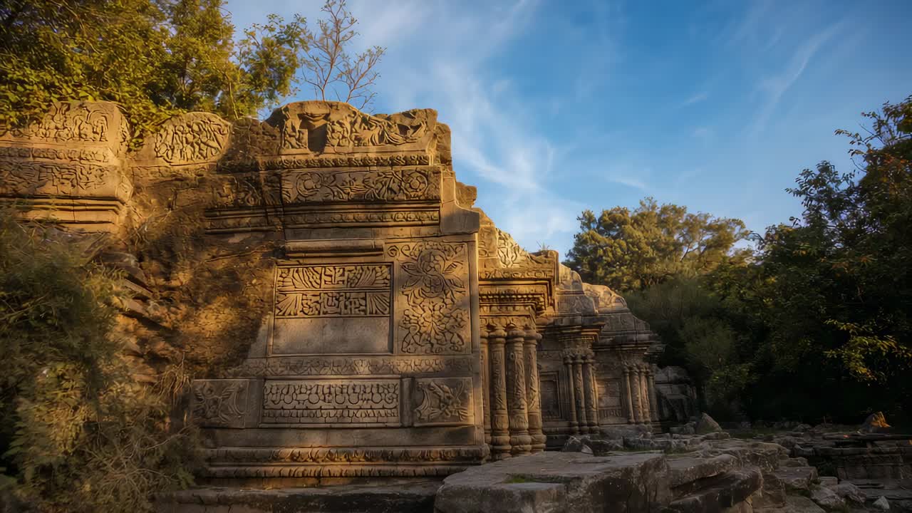 Panning camera revealing sunlit carved stone facade at ruin, uncovering fluted columns and reliefs
