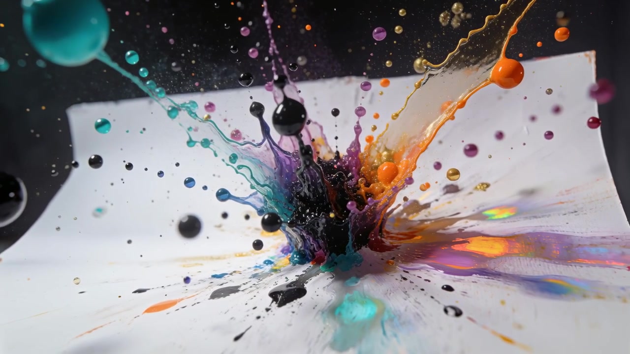 Durch aufwärts gerichtete Kraft berstend, Farbe spritzt türkis-violett-orange-goldene Tropfen auf weißes Blatt.
