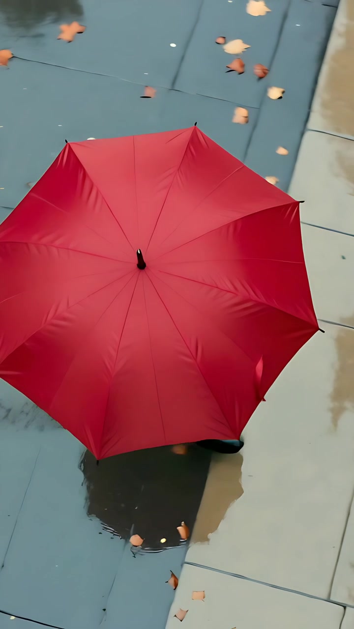 Video verticale: Persona che cammina tenendo un ombrello rosso sopra un marciapiede bagnato, pioggia che cade, mentre cerca riparo.