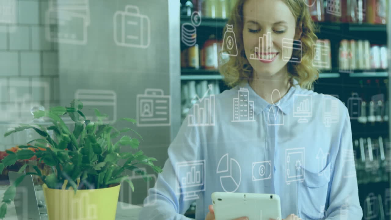 animación de iconos de negocios sobre mujer de negocios caucásica usando tableta en la oficina