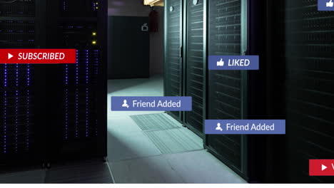 animación de iconos de redes sociales flotando contra la sala del servidor de la computadora