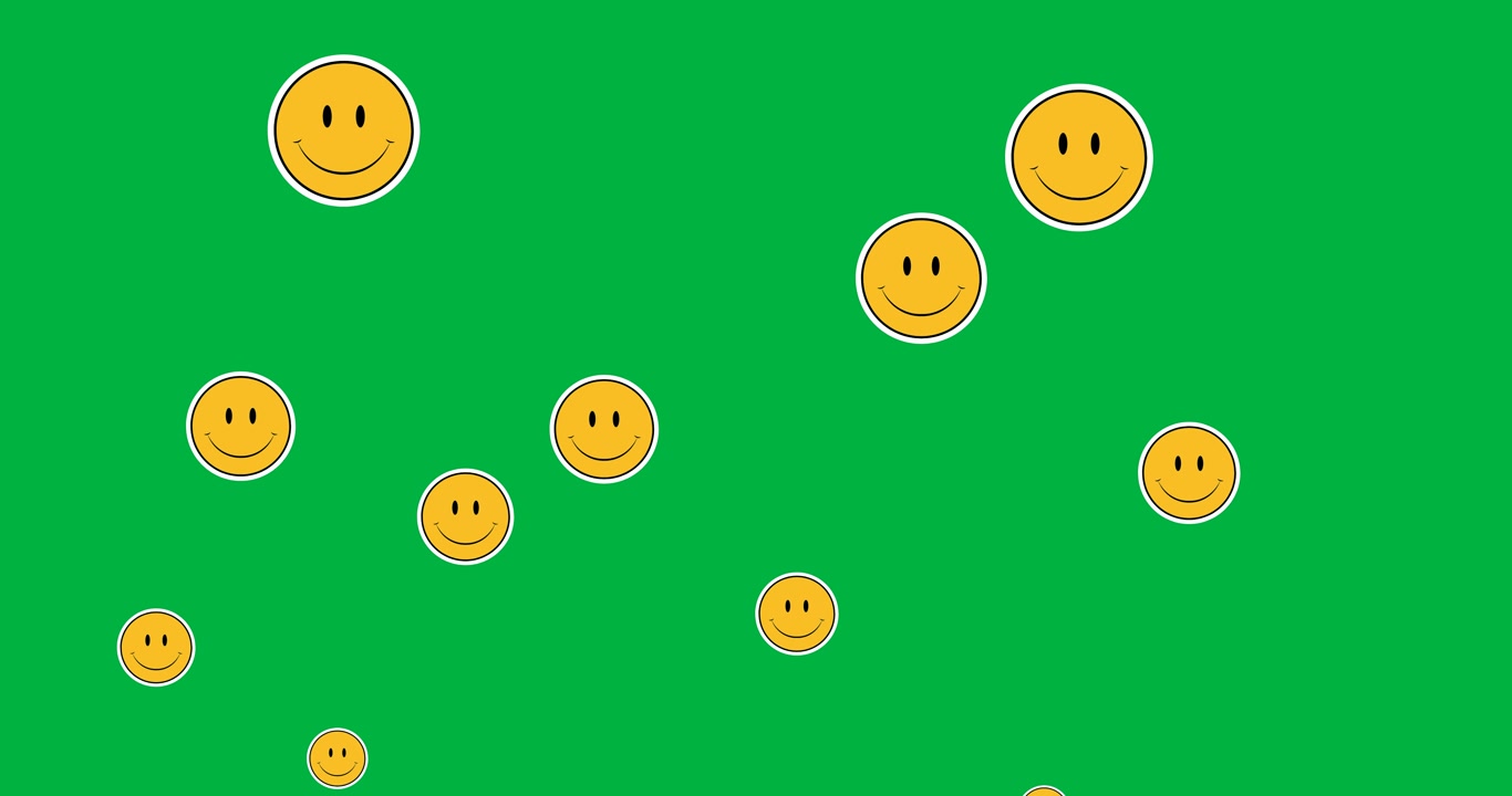 Molteplici emoji di faccine sorridenti che si muovono su sfondo nero.