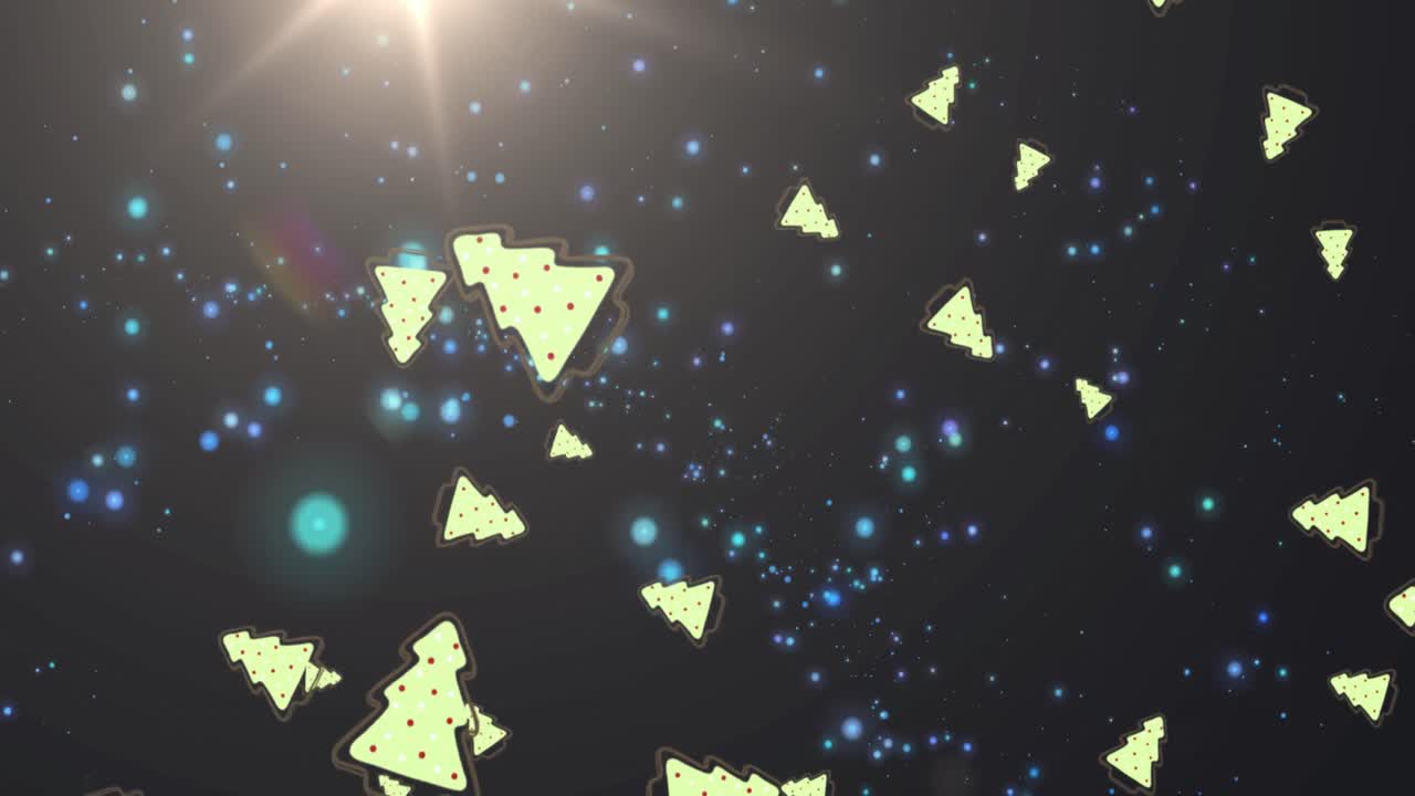 빛나는 반점과 검은 배경 위에 떨어지는 크리스마스 트리의 애니메이션