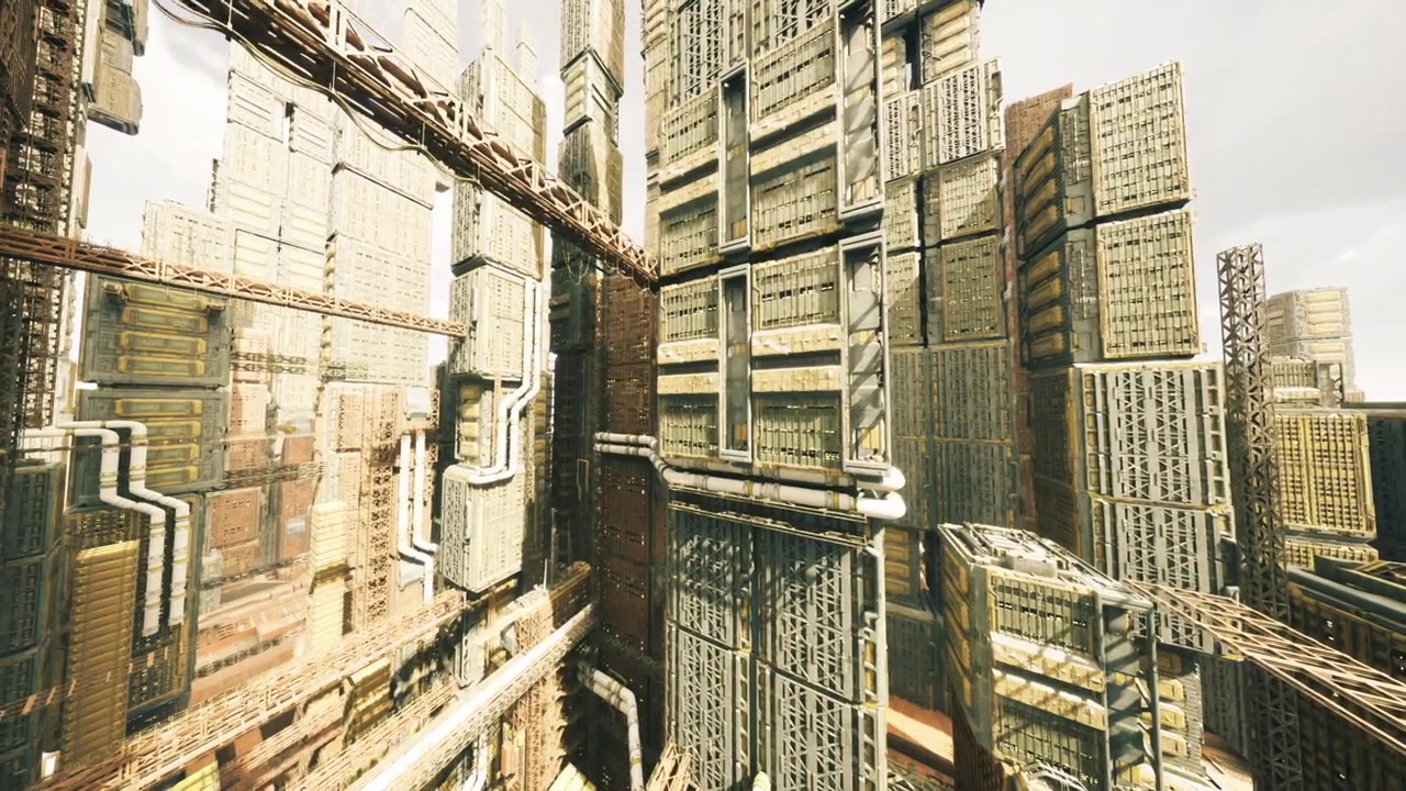 Vista panoramica dell'infrastruttura urbana con elementi strutturali intricati.