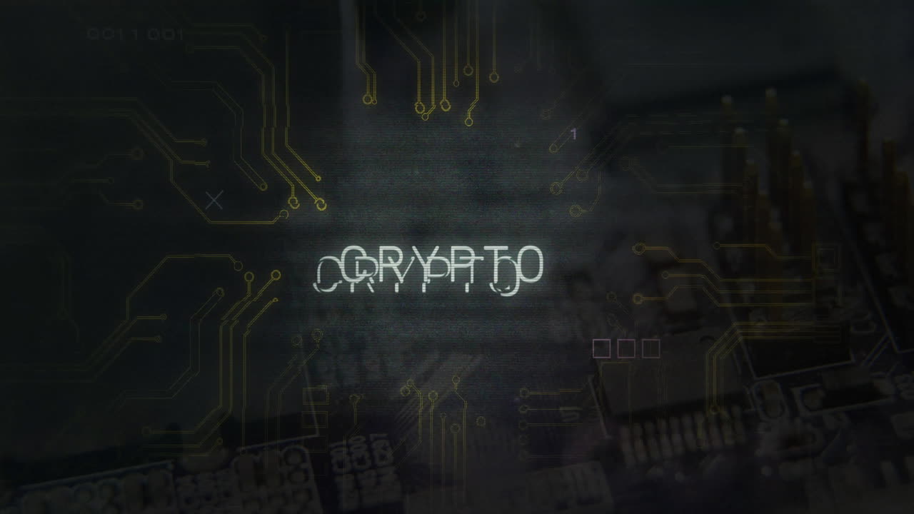 CRYPTO text animation over circuit board and digital data background