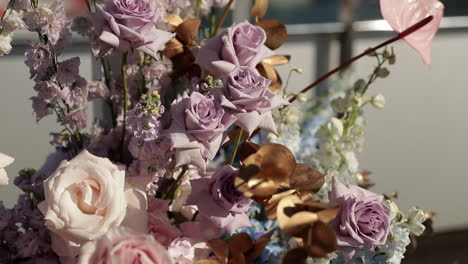 Bouquet-of-purple-and-white-roses-in-the-sun,-pan