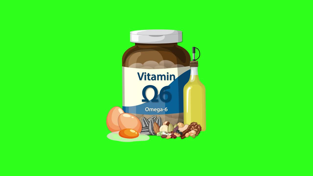Omega-6 vitamin bottle appears with eggs, nuts, oil on green background, smooth center-focused animation