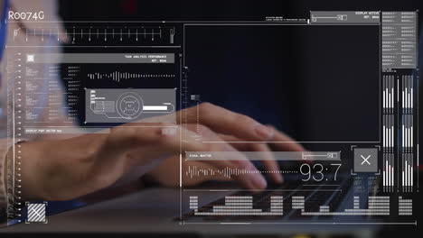 animation of data over female it engineer using laptop by computer server