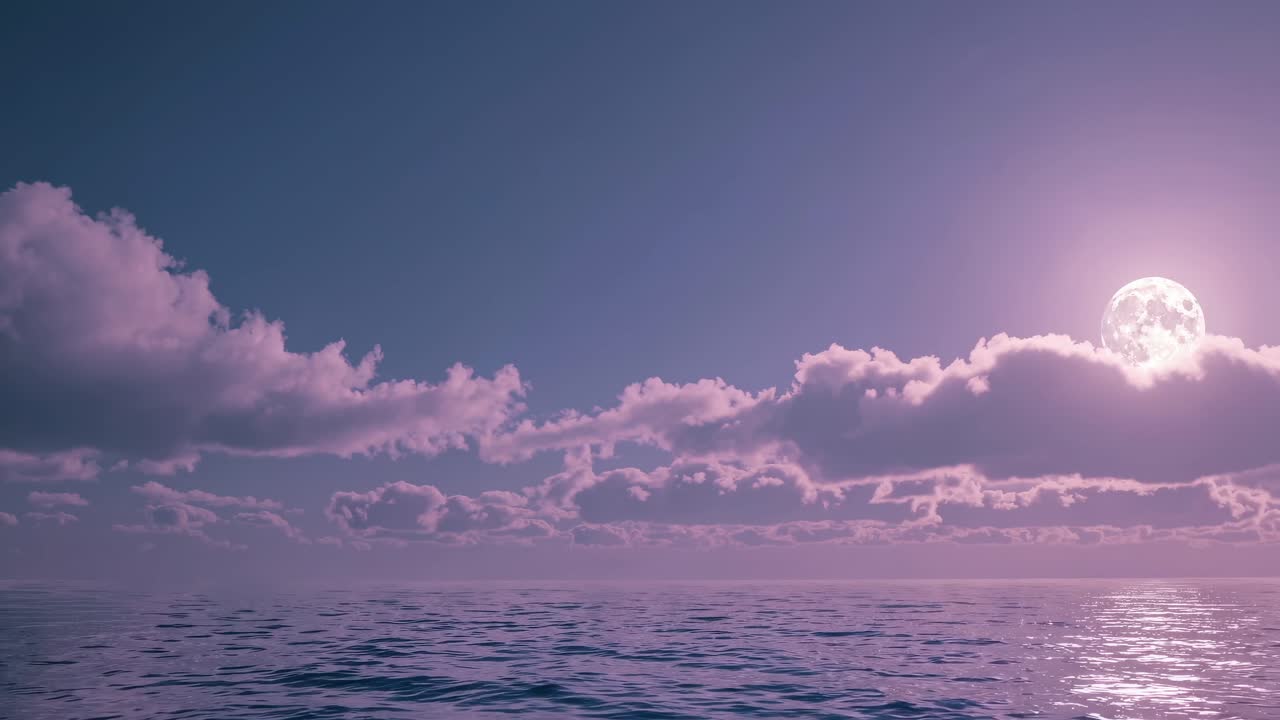 A serene video scene of a full moon over a calm ocean, captured from a low angle