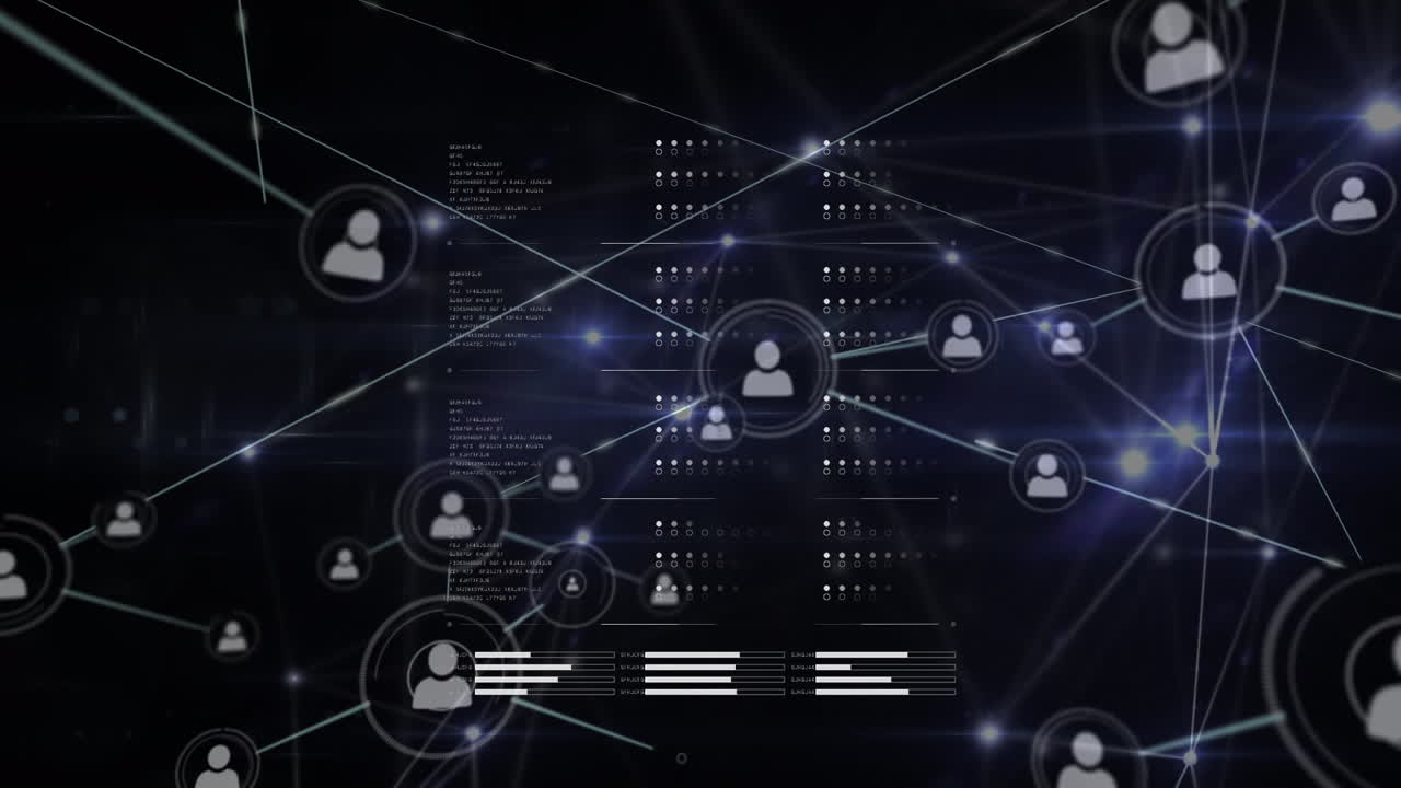 Animation of data processing on screens and network of connections with people icons