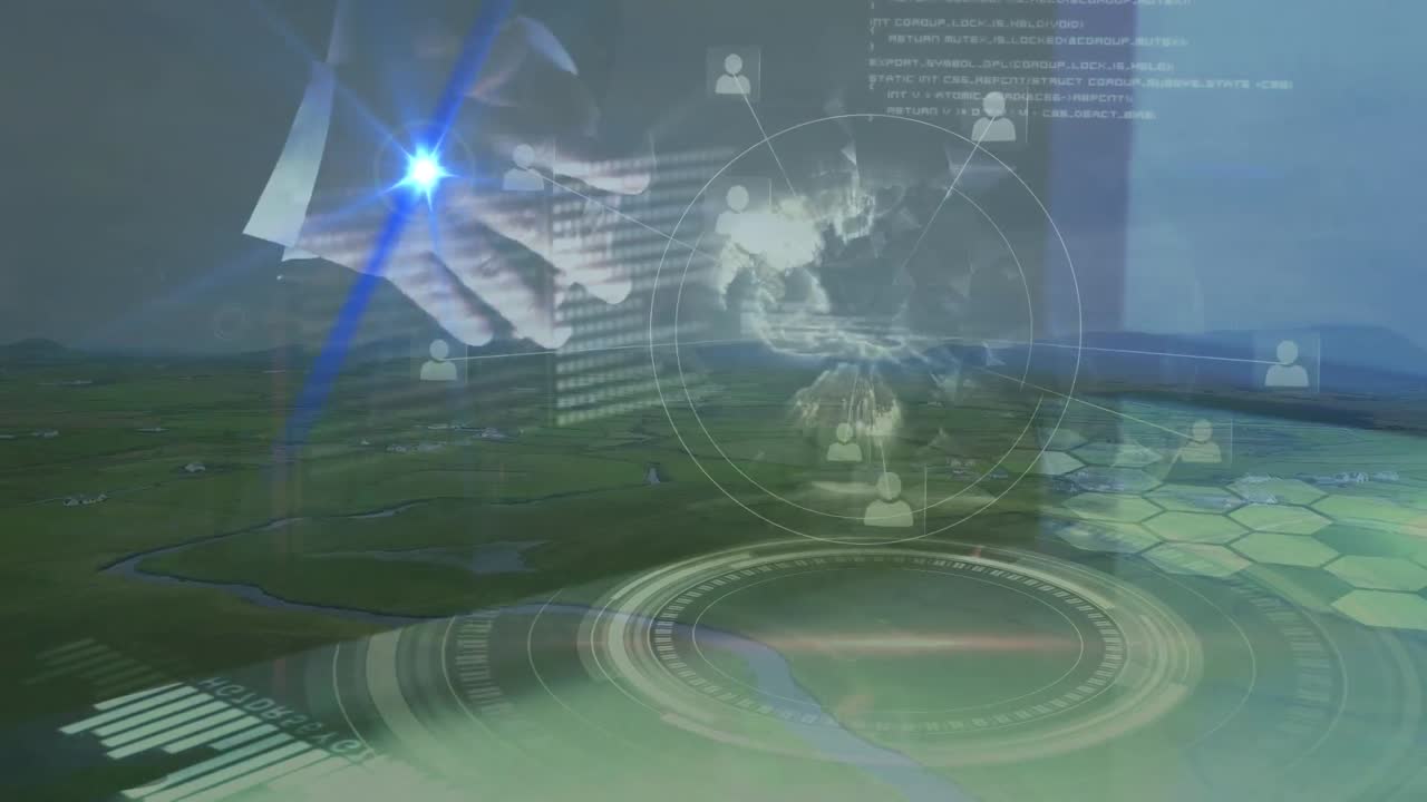 디지털 인터페이스와 풍경을 사용하여 지구의 애니메이션과 데이터 처리를 손으로 처리합니다.