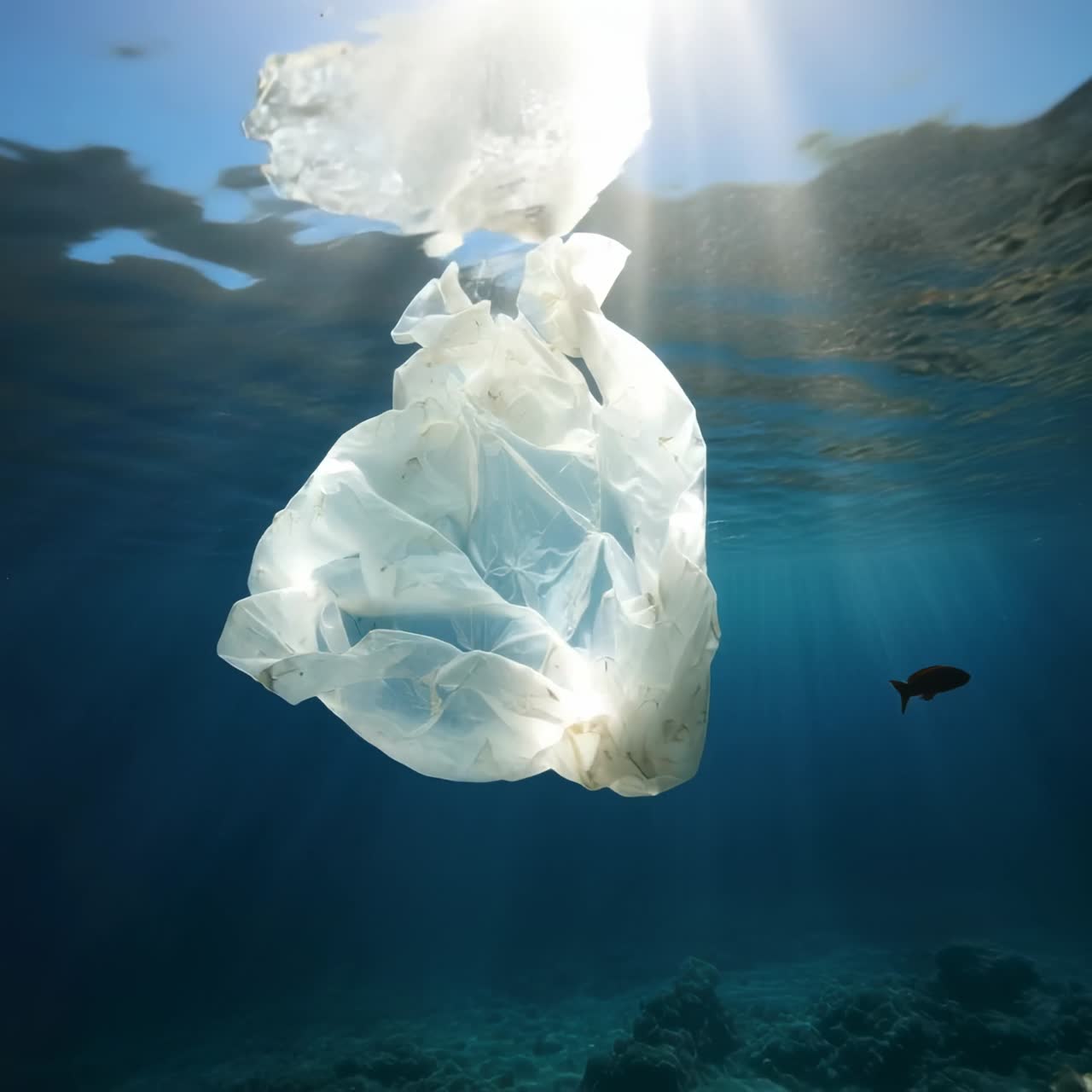 Concept di video subacqueo che mostra un sacchetto di plastica che galleggia sopra le barriere coralline