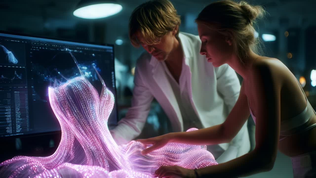 Exploring Innovative Digital Artistry: A Creative Duo Engaging with Mesmerizing Light Sculptures in an Interactive Visual Environment, Merging Technology with Artistic Expression